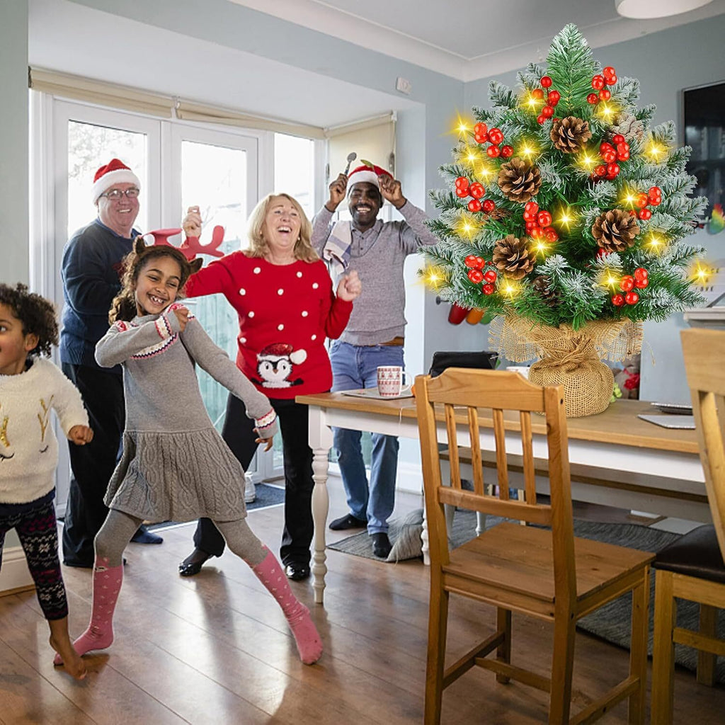Mini Christmas Tree with LED Lights | 60cm Artificial Tabletop Tree with Pinecones & Berries | Rustic Holiday Home Décor