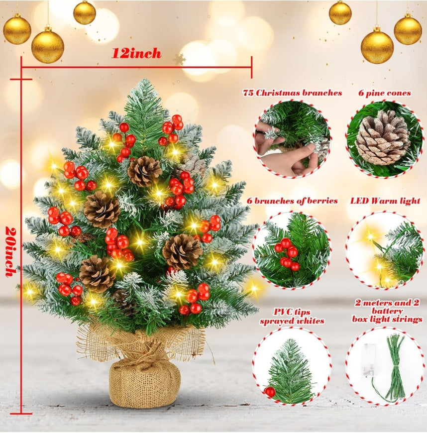 Mini Christmas Tree with LED Lights | 60cm Artificial Tabletop Tree with Pinecones & Berries | Rustic Holiday Home Décor