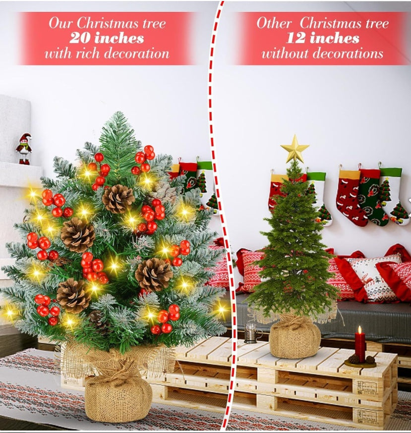 Mini Christmas Tree with LED Lights | 60cm Artificial Tabletop Tree with Pinecones & Berries | Rustic Holiday Home Décor