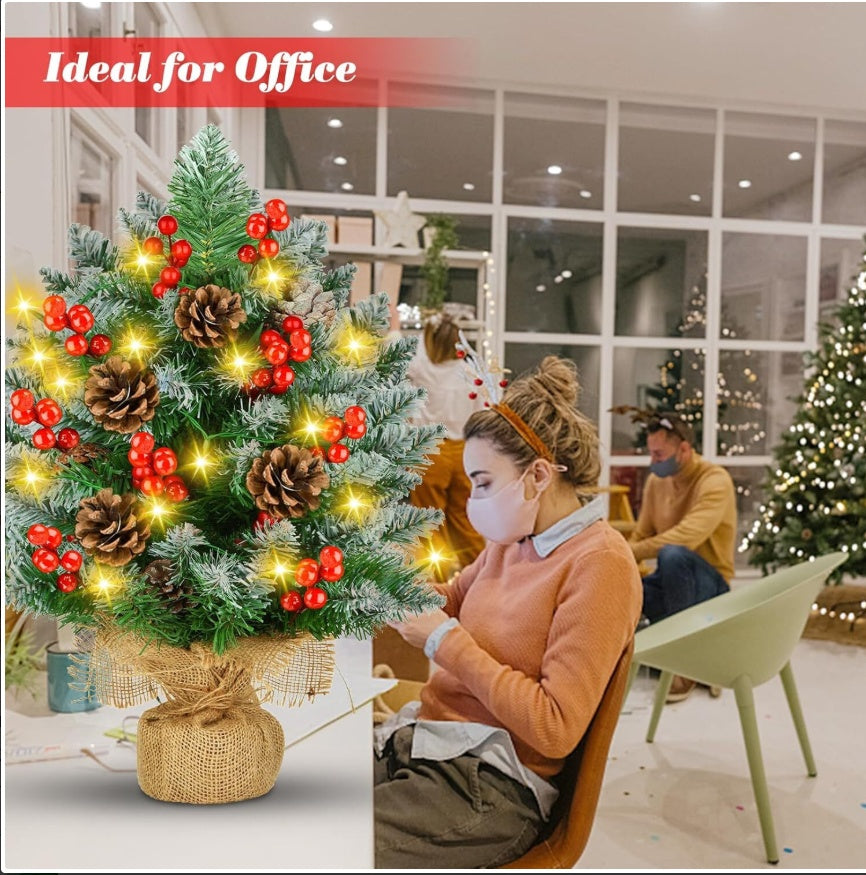 Mini Christmas Tree with LED Lights | 60cm Artificial Tabletop Tree with Pinecones & Berries | Rustic Holiday Home Décor